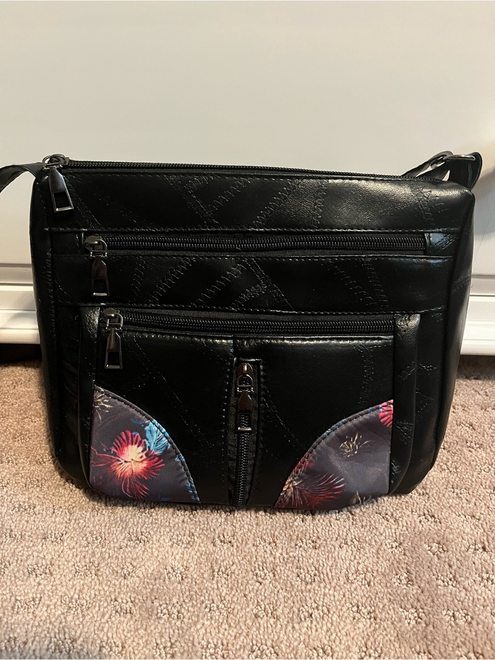 Black Crossbody Bag with Floral Accent